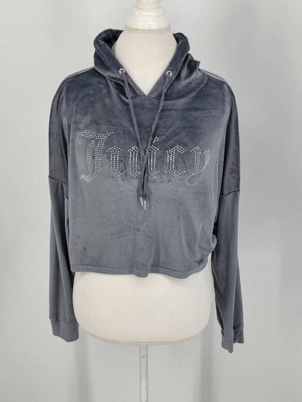 Juicy Couture Velour Cropped Hoodie L Large Gray Rhinestone Sleepwear Loungewear